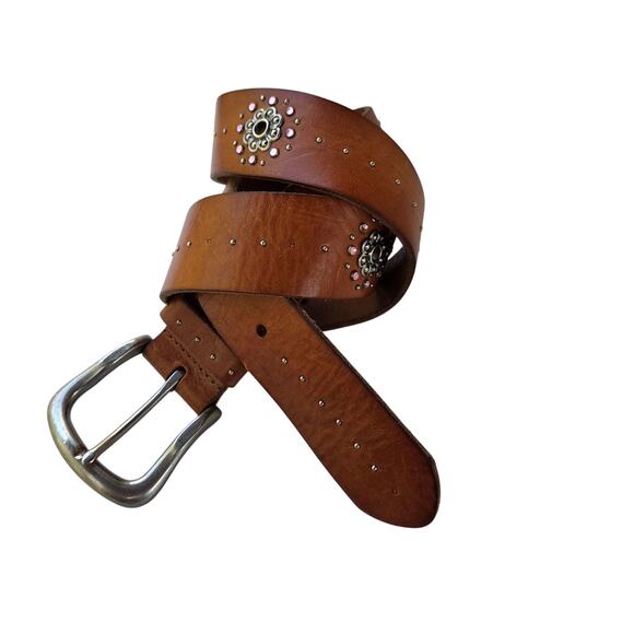 Y2K Fossil Brown Leather Belt M Floral Medallion Pink Crystal Glam - Picture 6 of 8